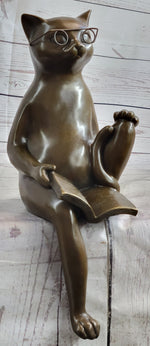Cat in Eyeglasses Reading a Book Bronze Metal Figurine Sculpture Signed Art