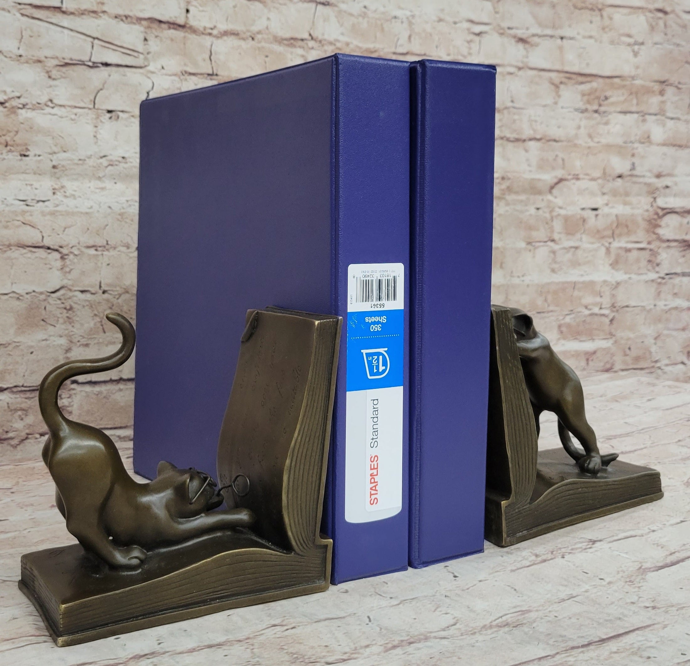 Playful Bronze Cat Bookends – Whimsical Feline Library Décor Signed Original Art