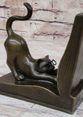 Load image into Gallery viewer, Playful Bronze Cat Bookends – Whimsical Feline Library Décor Signed Original Art
