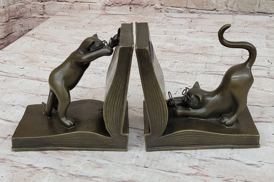 Playful Bronze Cat Bookends – Whimsical Feline Library Décor Signed Original Art