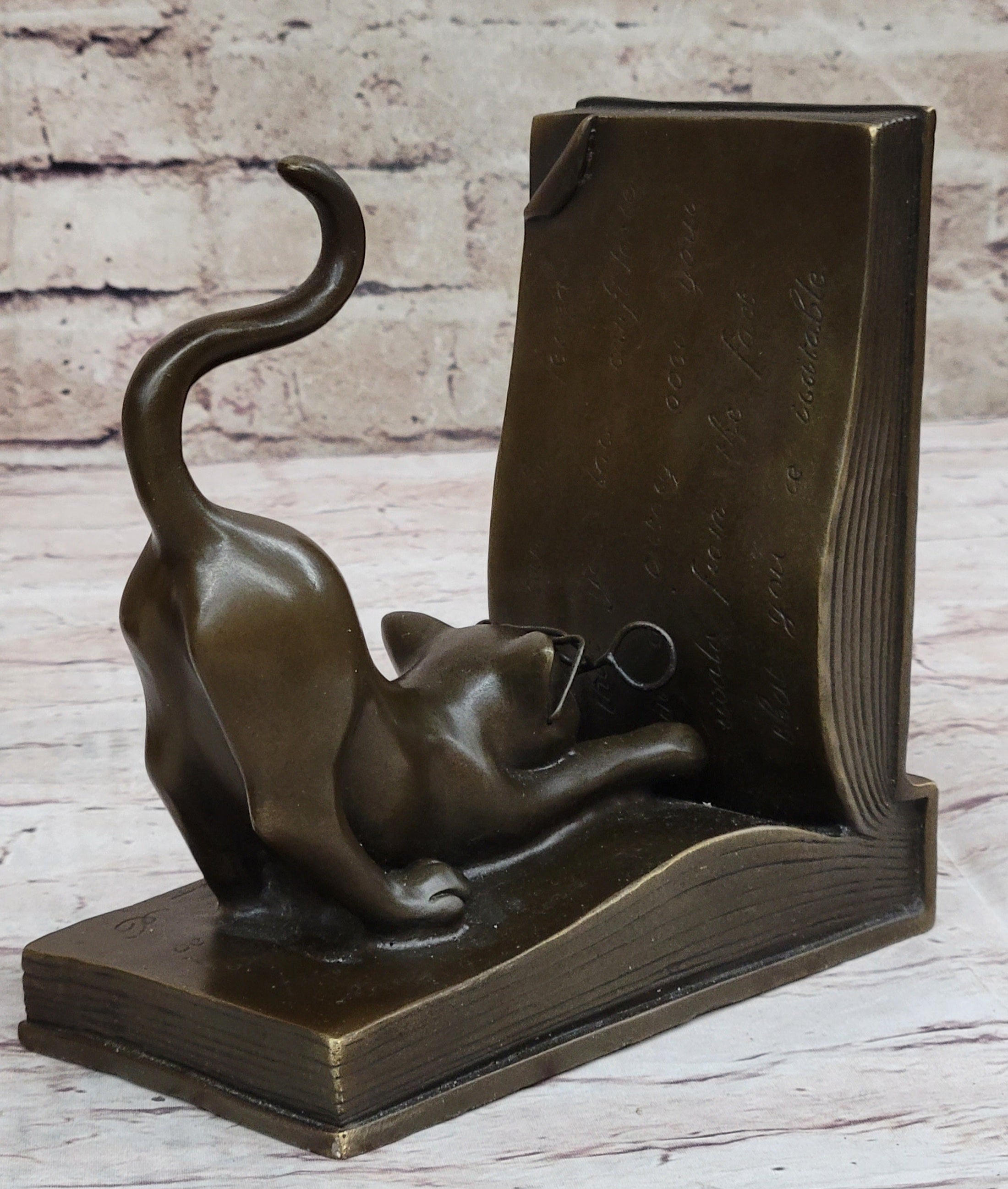 Playful Bronze Cat Bookends – Whimsical Feline Library Décor Signed Original Art