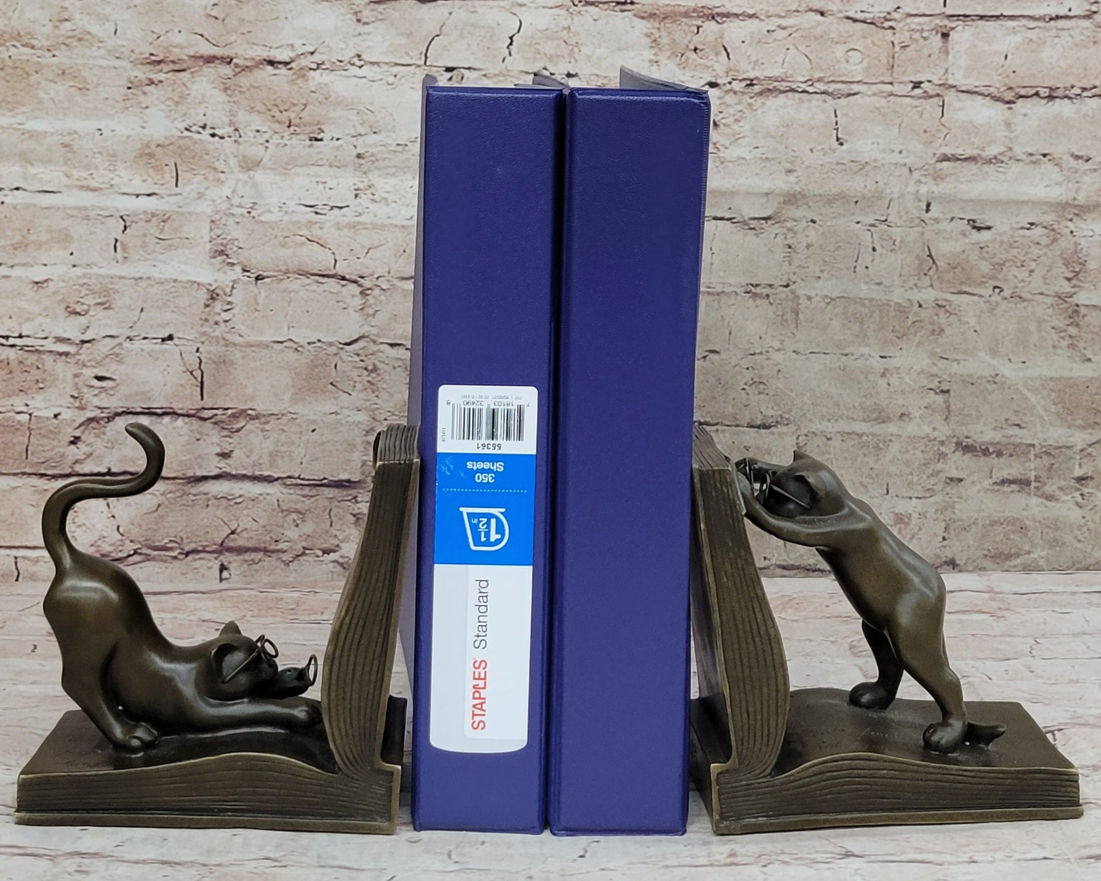 Playful Bronze Cat Bookends – Whimsical Feline Library Décor Signed Original Art