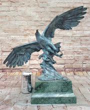 American Bald Eagle Wings Spread Green Bronze Sculpture Statue on Marble Base