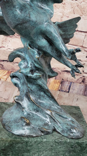 American Bald Eagle Wings Spread Green Bronze Sculpture Statue on Marble Base