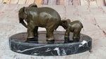 Mother and Child Elephant & Calf Barye Bronze Sculpture on Marble Base
