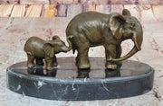 Mother and Child Elephant & Calf Barye Bronze Sculpture on Marble Base