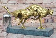 Golden Cheetah Big Cats Duo Running Bronze Sculpture on Marble Base by Milo