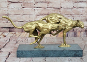 Golden Cheetah Big Cats Duo Running Bronze Sculpture on Marble Base by Milo