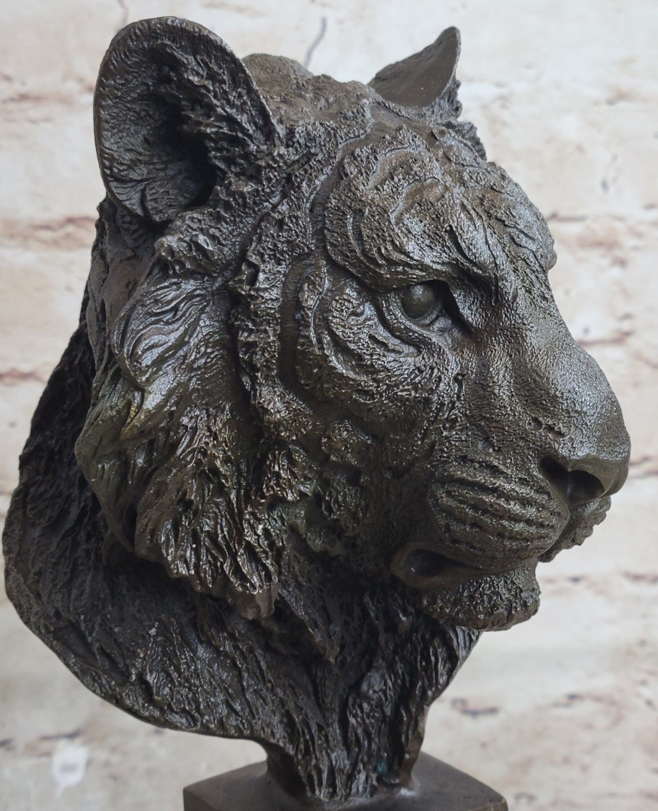 Tiger Bronze Metal Bust Statue Sculpture Tiger's Head Marble Base 10" x 5"