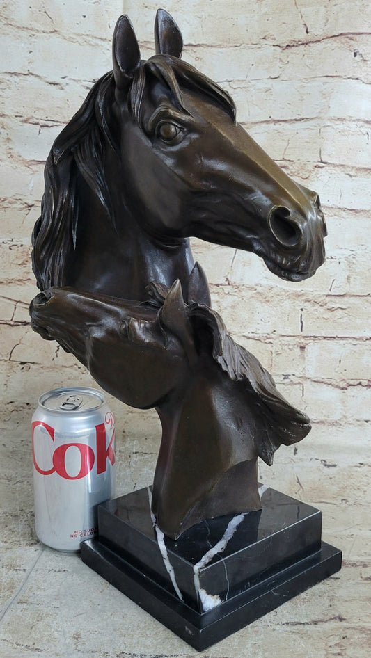 Two Horses Bust Sculpture Real Bronze Signed Original Equine Art by Milo on Marble Base