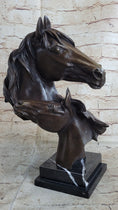 Load image into Gallery viewer, Two Horses Bust Sculpture Real Bronze Signed Original Equine Art by Milo on Marble Base
