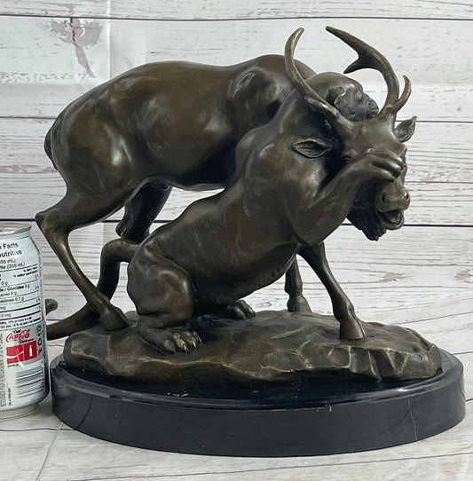 Mountain Lion Hunting Elk Deer by PJ Mene Bronze Statue Sculpture Wildlife Decor 11"X 13"