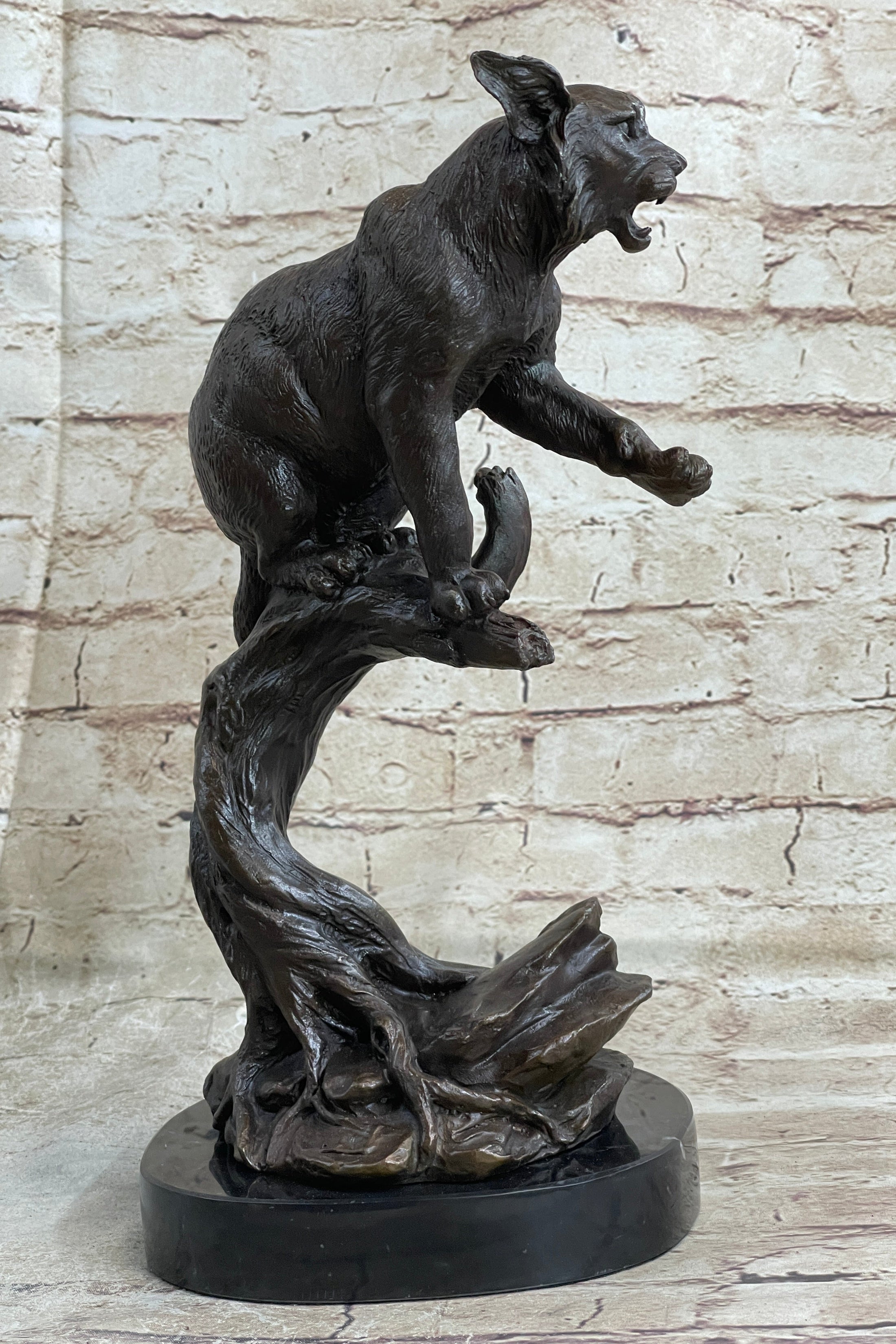 Cougar Panther Jaguar Cat Collector Bronze Marble Base Bookend Statue Art Decor