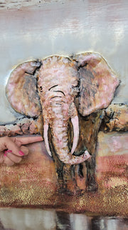 Hand Made Wildlife African Elephants Family 3-D Oil Painting on Metal Canvas