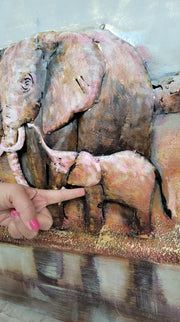 Hand Made Wildlife African Elephants Family 3-D Oil Painting on Metal Canvas