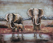 Hand Made Wildlife African Elephants Family 3-D Oil Painting on Metal Canvas