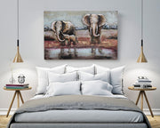 Hand Made Wildlife African Elephants Family 3-D Oil Painting on Metal Canvas