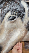 Load image into Gallery viewer, 3D Wall Art Wood Canvas w/ Painted Cutout Metal Horse Peeking Over Barn Door Fence
