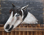 3D Wall Art Wood Canvas w/ Painted Cutout Metal Horse Peeking Over Barn Door Fence