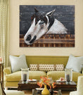 Load image into Gallery viewer, 3D Wall Art Wood Canvas w/ Painted Cutout Metal Horse Peeking Over Barn Door Fence
