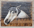 Load image into Gallery viewer, 3D Wall Art Wood Canvas w/ Painted Cutout Metal Horse Peeking Over Barn Door Fence
