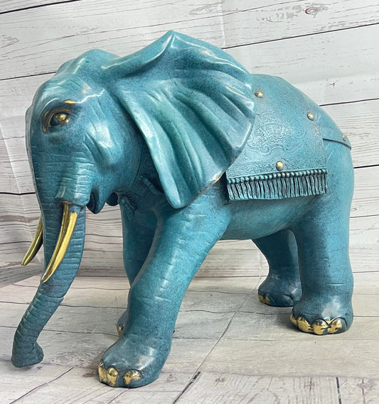 Green Blue Elephant Bronze Sculpture Statue Figure Figurine Signed Original Art