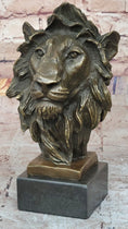 Load image into Gallery viewer, Male Lion Bronze Bust Statue Sculpture Figure on Black Marble Base Signed Barye 9" x 4"

