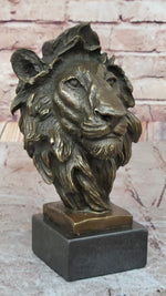 Male Lion Bronze Bust Statue Sculpture Figure on Black Marble Base Signed Barye 9