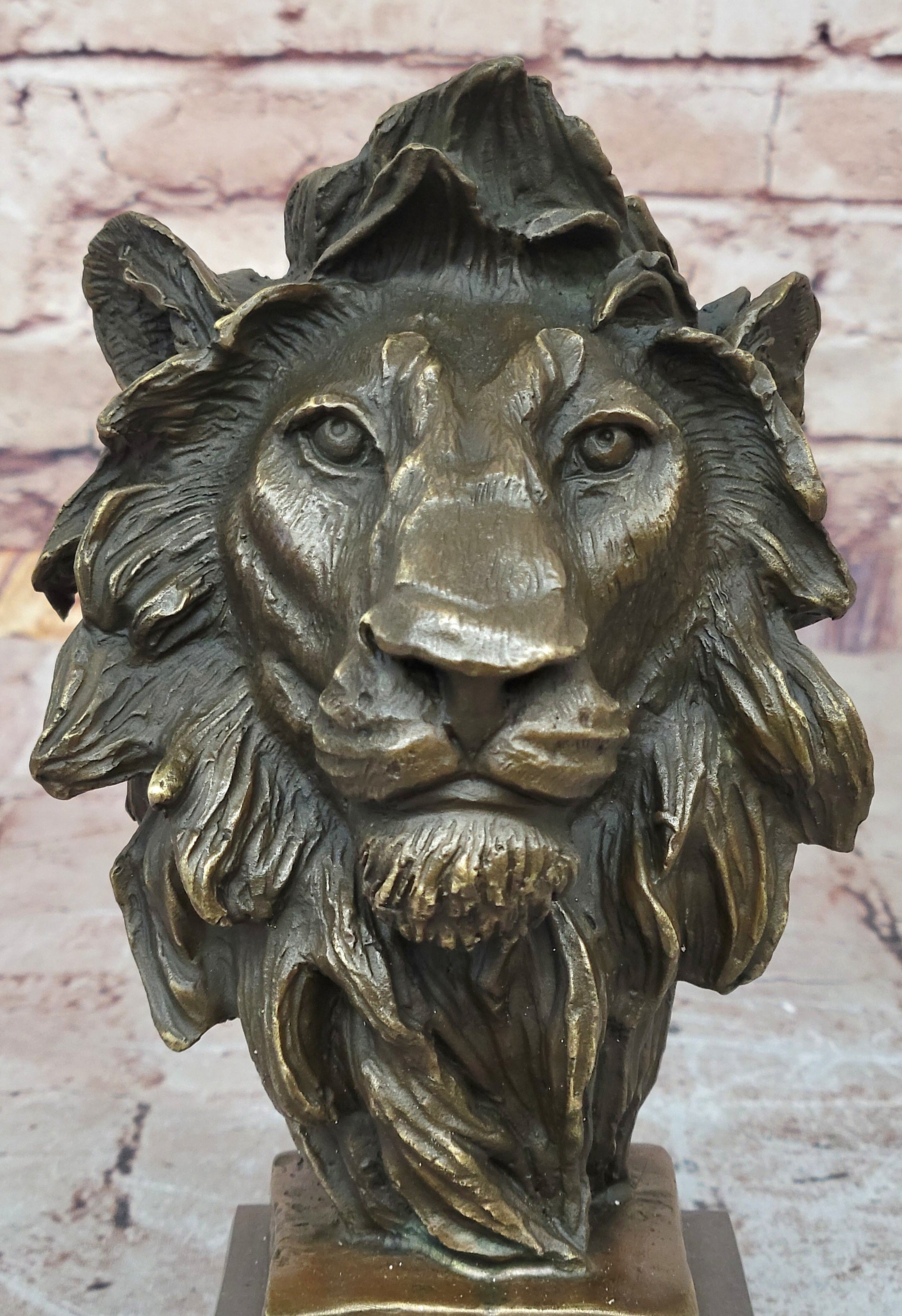 Male Lion Bronze Bust Statue Sculpture Figure on Black Marble Base Signed Barye 9" x 4"