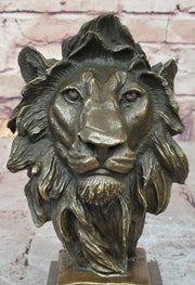Male Lion Bronze Bust Statue Sculpture Figure on Black Marble Base Signed Barye 9