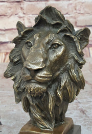 Male Lion Bronze Bust Statue Sculpture Figure on Black Marble Base Signed Barye 9