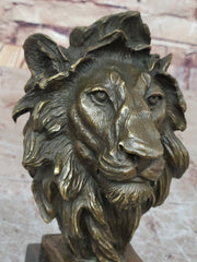 Male Lion Bronze Bust Statue Sculpture Figure on Black Marble Base Signed Barye 9