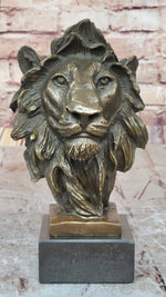Male Lion Bronze Bust Statue Sculpture Figure on Black Marble Base Signed Barye 9