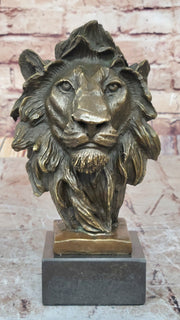 Male Lion Bronze Bust Statue Sculpture Figure on Black Marble Base Signed Barye 9