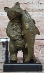 Bronze Bear Welcome Statue – Bear with Fish Cabin Decor