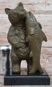 Bronze Bear Welcome Statue – Bear with Fish Cabin Decor