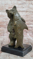 Load image into Gallery viewer, Bronze Bear Welcome Statue – Bear with Fish Cabin Decor
