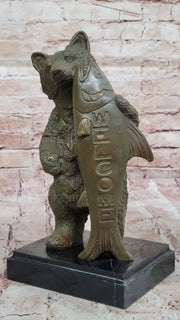 Bronze Bear Welcome Statue – Bear with Fish Cabin Decor