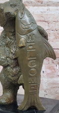 Load image into Gallery viewer, Bronze Bear Welcome Statue – Bear with Fish Cabin Decor
