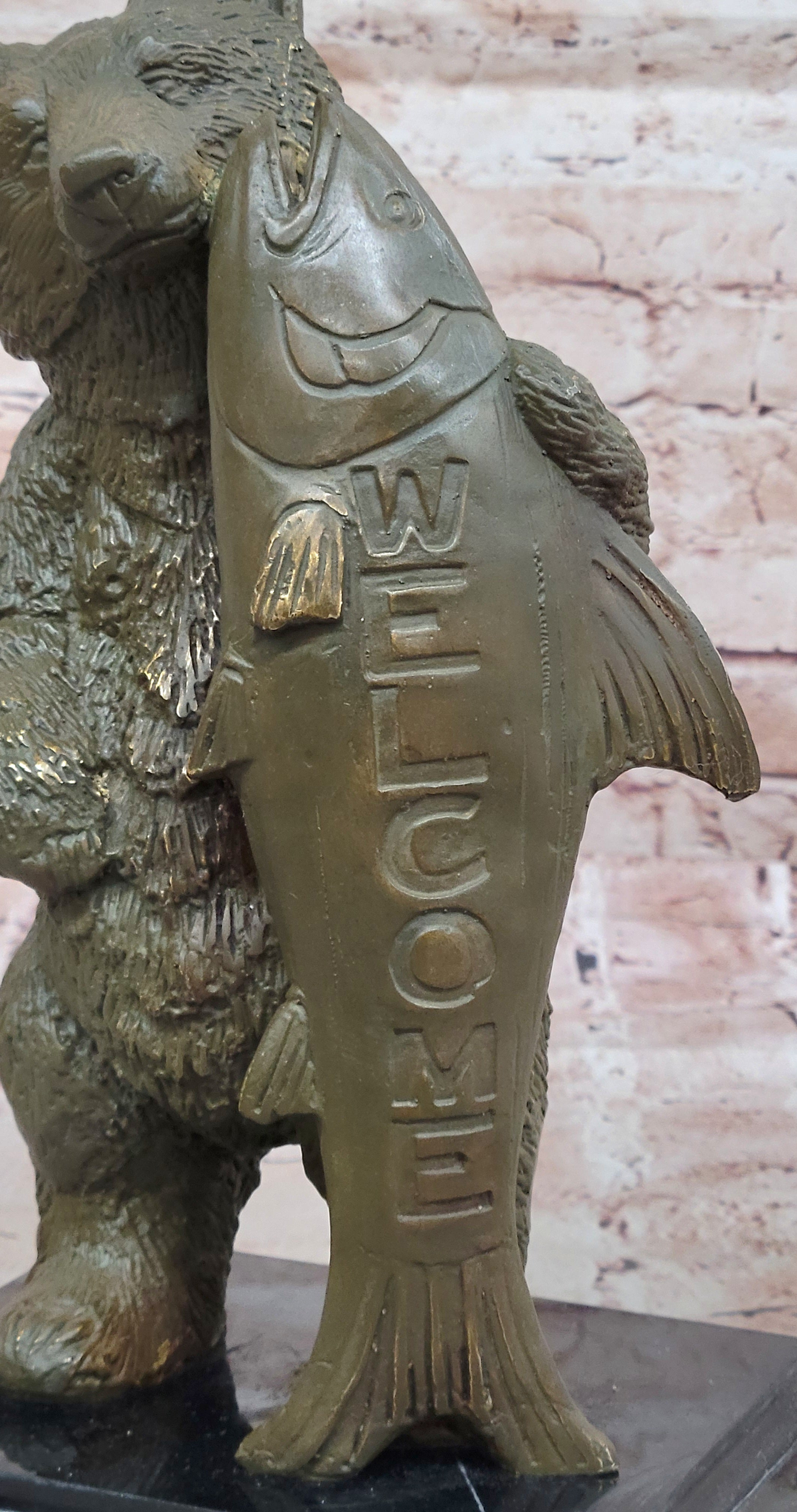 Bronze Bear Welcome Statue – Bear with Fish Cabin Decor