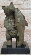 Load image into Gallery viewer, Bronze Bear Welcome Statue – Bear with Fish Cabin Decor
