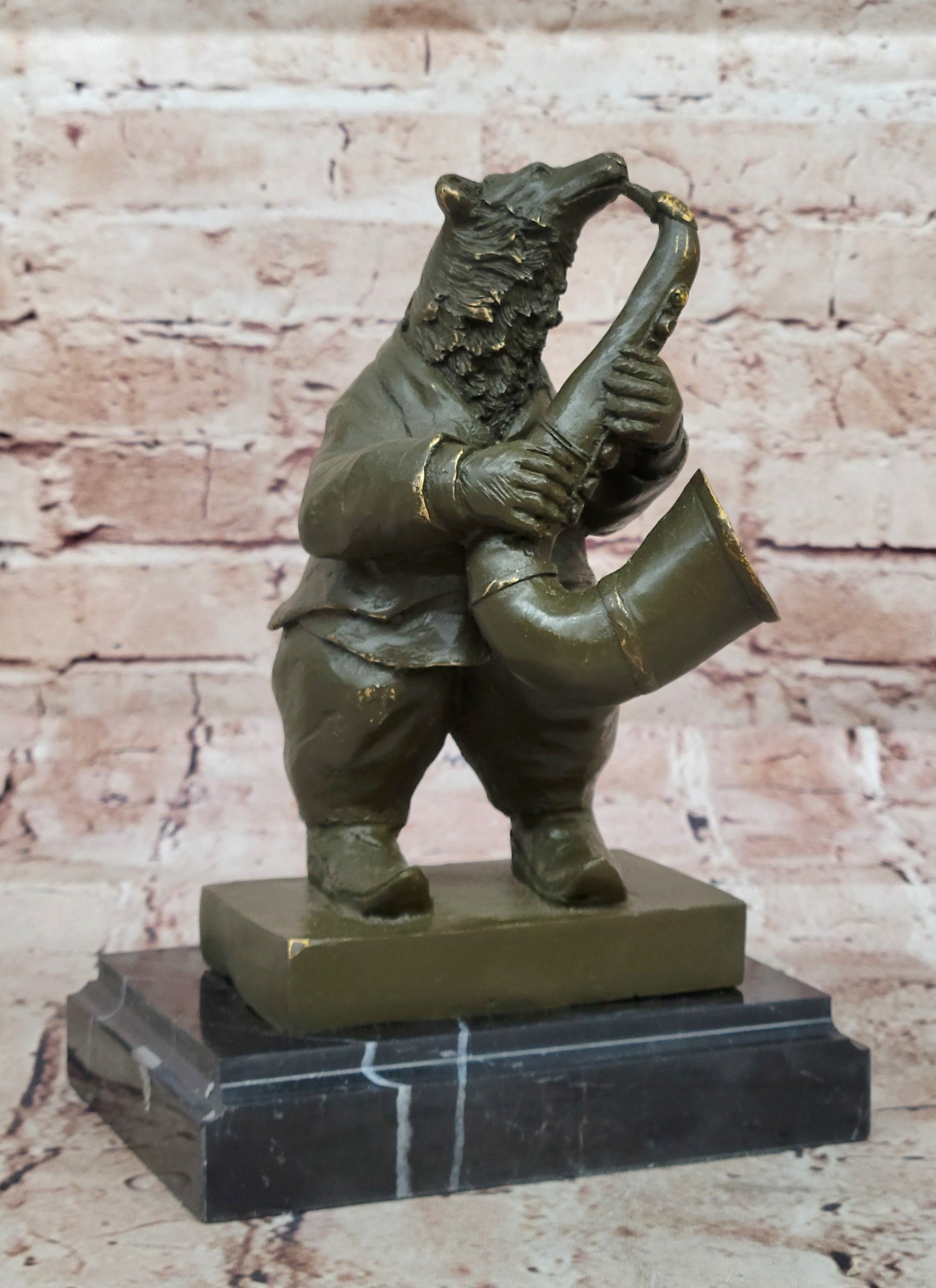 Bear Playing Saxophone Bronze Sculpture - Whimsical Animal Music Art