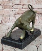 Aggressive Bull Bronze Sculpture on Marble Stand Signed Fisher