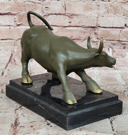 Aggressive Bull Bronze Sculpture on Marble Stand Signed Fisher