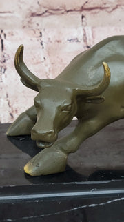 Aggressive Bull Bronze Sculpture on Marble Stand Signed Fisher