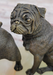 Bronze Bulldog & Pug Dog Figurines on Marble - Soap Dish Ashtray Handmade Art