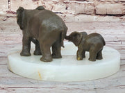 Bronze Metal Elephant Mother & Calf on Marble Soap Dish Ashtray