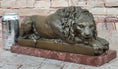 Load image into Gallery viewer, Guardian Lion Bronze Statue Sculpture Figure on Red Marble Base 7" x 12.5"
