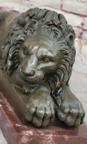 Guardian Lion Bronze Statue Sculpture Figure on Red Marble Base 7