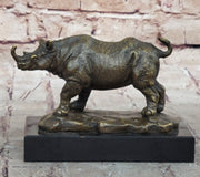 Bronze Rhino Rhinoceros Sculpture on Marble Base – Vintage Wildlife Figurine